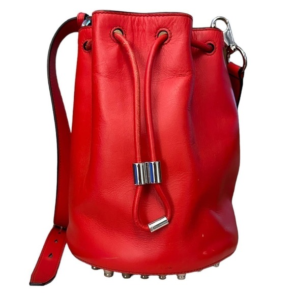 Alexander Wang Alpha Red Leather Bucket Bag Silver stud Designer Purse One Size - Picture 1 of 16